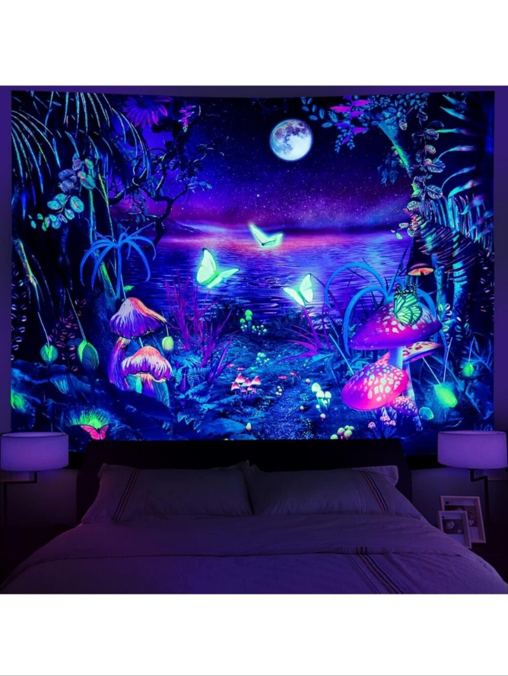Fantasy Forest Tapestry UV Reactive Butterfly Galaxy Space Black Light Neon